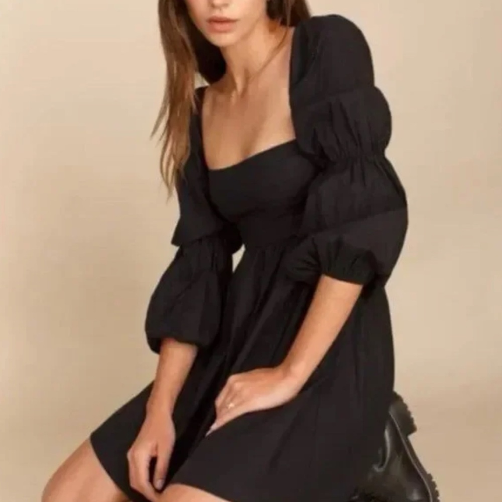 Reformation Michaela Coquette Square Neck Black Long Puff Sleeve Mini Dress 2 - Picture 2 of 7